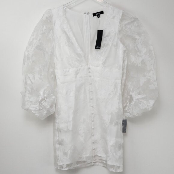 Lulus Dramatic Energy Floral Burnout Balloon Sleeve Mini Dress White Small NWT - Picture 2 of 7